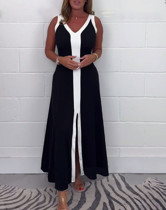 Damen nan tailliertes V-Ausschnitt-Bahnenkleid mit kontrastierender Mittelpasse und mittigem Frontschlitz Drune