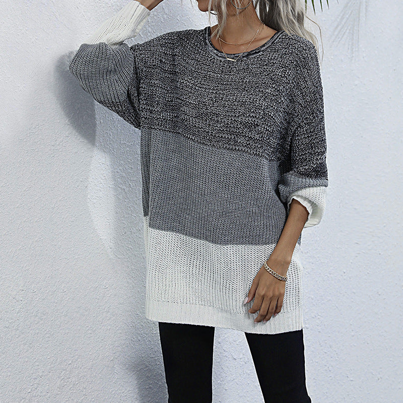 Damen Oversize Strickpullover mit Colorblock‑Einsätzen, Rundhals und Tunika‑Silhouette Drune