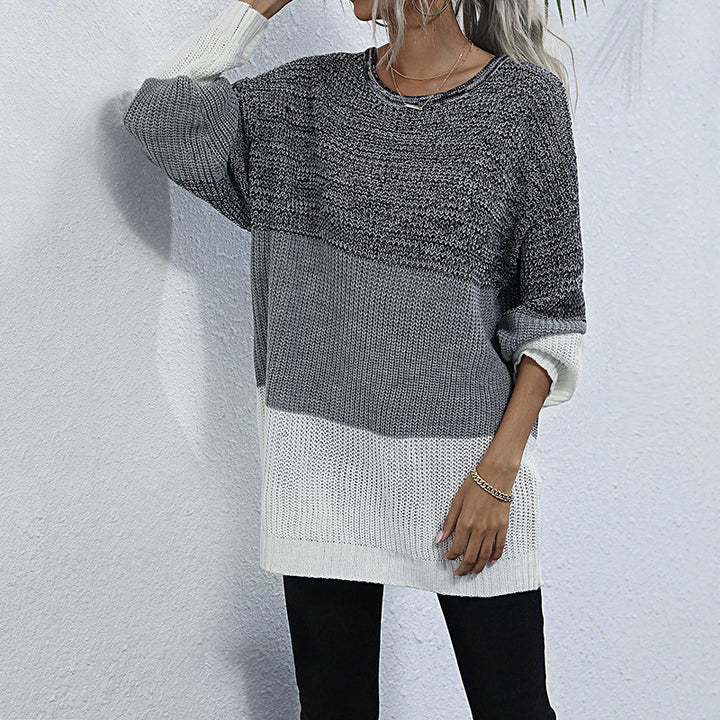 Damen Oversize Strickpullover mit Colorblock‑Einsätzen, Rundhals und Tunika‑Silhouette Drune