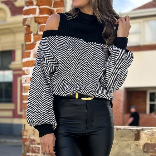 Damen Oversized Strickpullover mit दीपem Halsausschnitt und off-shoulder Design Drune