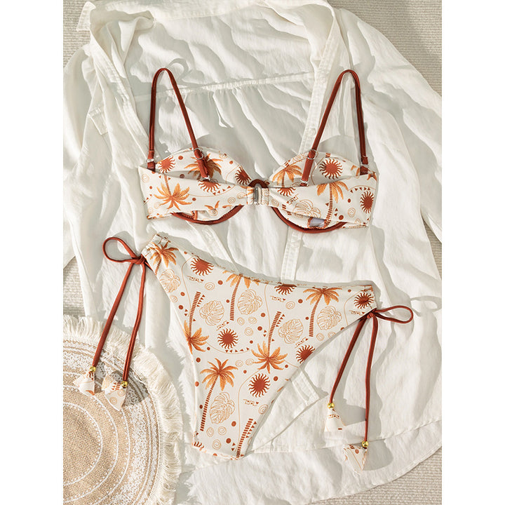 Damen Triangel-Bikini mit kontrastierenden Bändern und verspieltem Palmenmuster Drune