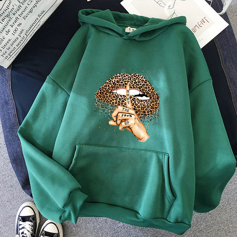 Damen nan oversized Fleece-Hoodie mit Leoparden-Lippen-Motiv, Kängurutasche und gerippten Bündchen Drune