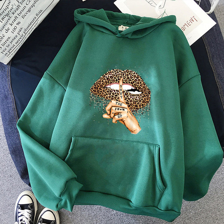 Damen nan oversized Fleece-Hoodie mit Leoparden-Lippen-Motiv, Kängurutasche und gerippten Bündchen Drune