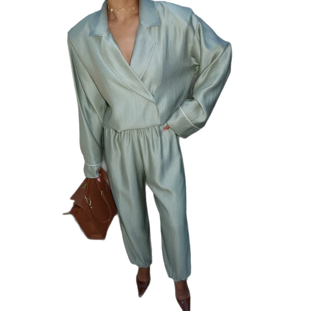 Damen Satin-Zweiteiler mit Wickelbluse, weiten Hosen und elastischem Bund Drune