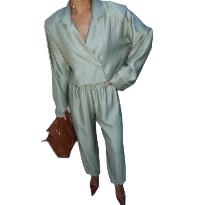 Damen Satin-Zweiteiler mit Wickelbluse, weiten Hosen und elastischem Bund Drune