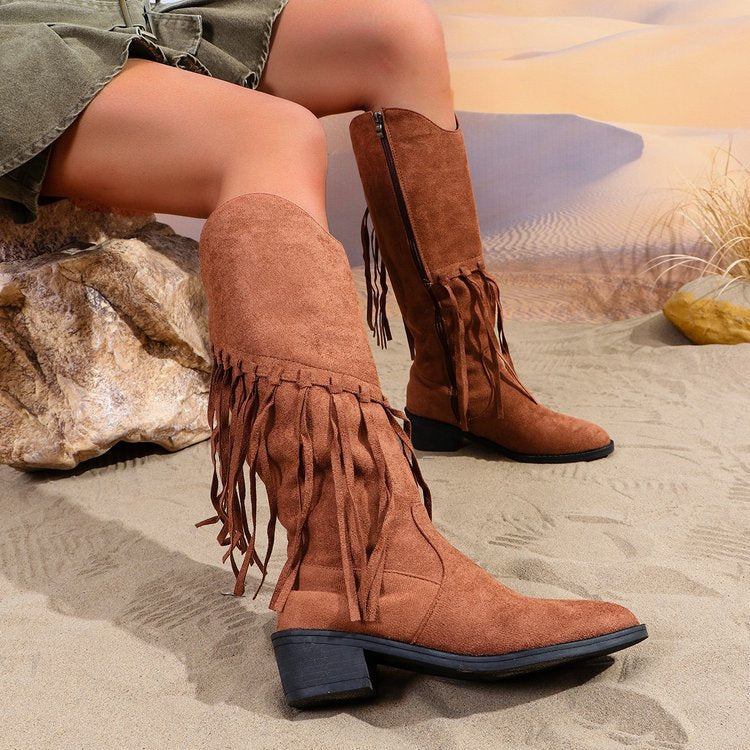 Damen Fransen-Cowboy-Stiefel aus Veloursleder mit spitzer Zehenkappe und seitlichem Reißverschluss Drune