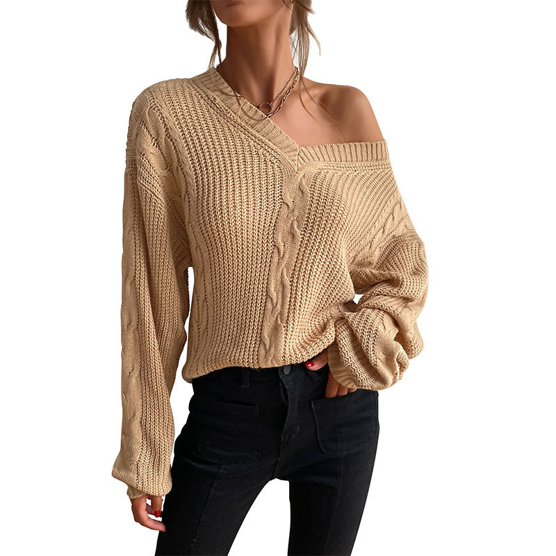 Damen Grobstrick Oversize-Pullover mit Zopfdetail und weitem V-Ausschnitt Drune