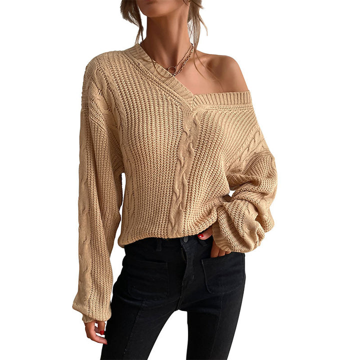 Damen Grobstrick Oversize-Pullover mit Zopfdetail und weitem V-Ausschnitt Drune