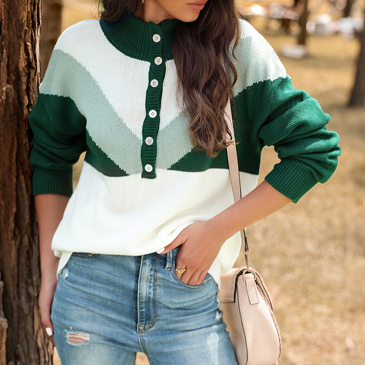 Damen Grobstrick-Henley-Pullover mit Stehkragen und Chevron-Intarsie Drune