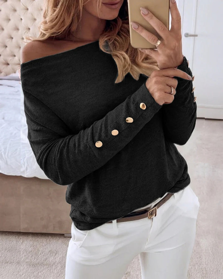 Damen Offshoulder Feinstrickpullover mit Zierknopfleiste an den Ärmeln Drune