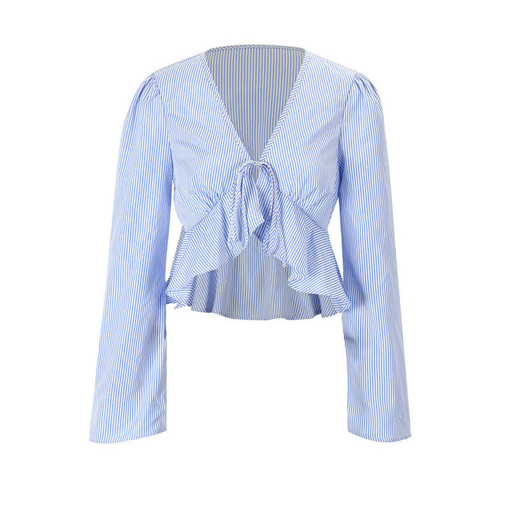 Damen cropped Bluse mit verspielten Rüschendetails und bindbarem Krawattenverschluss Drune
