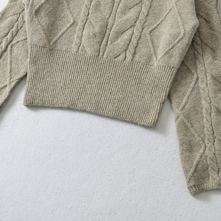 Damen Kurzer Zopfmuster-Strickpullover mit tailliertem Rippbündchen Drune