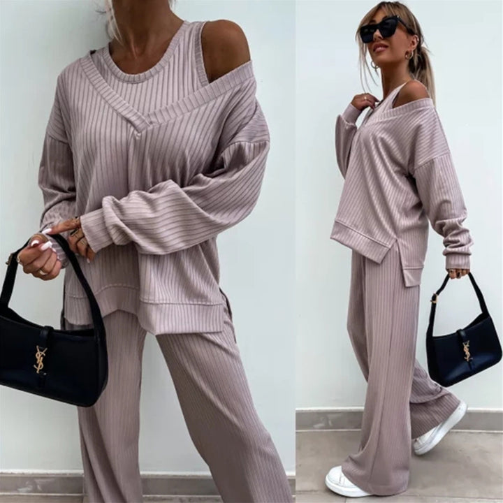 Damen lässiges Rippsweat-Lounge-Set mit Off-Shoulder-Sweatshirt und weit geschnittener High-Waist-Hose Drune