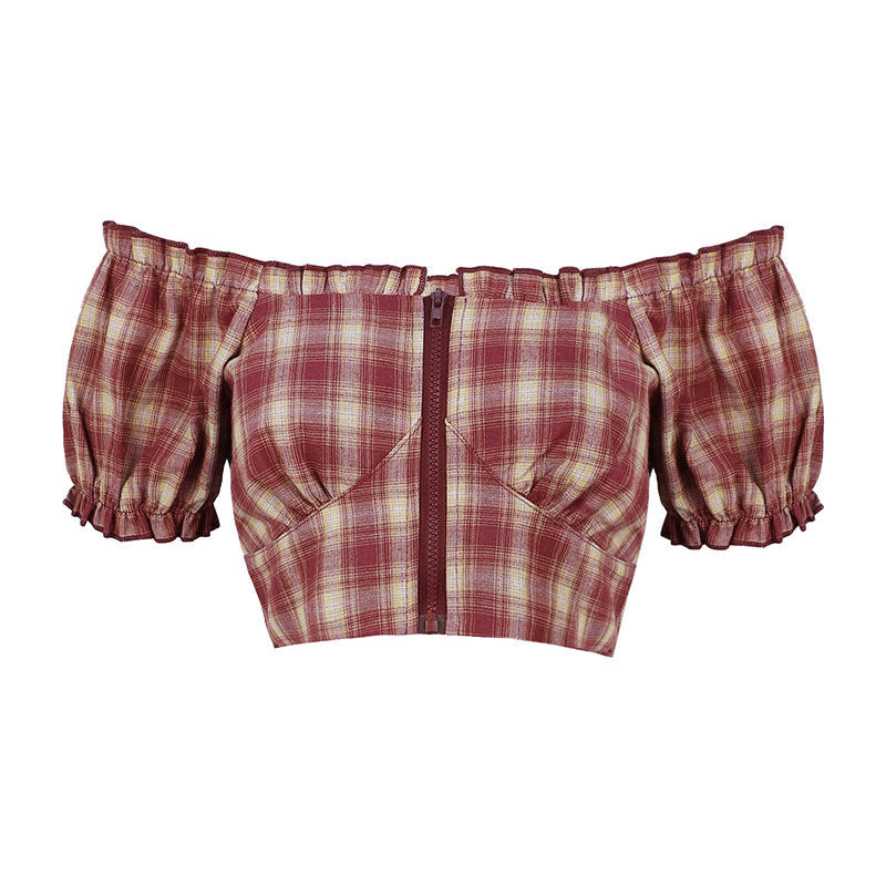 Damen Cropped Bluse mit Puffärmeln und Reißverschluss Drune