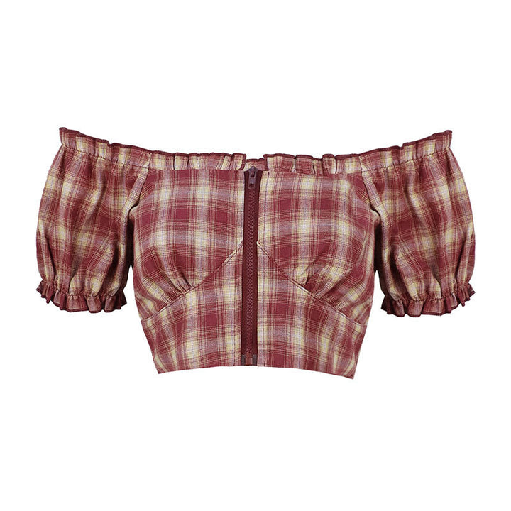 Damen Cropped Bluse mit Puffärmeln und Reißverschluss Drune