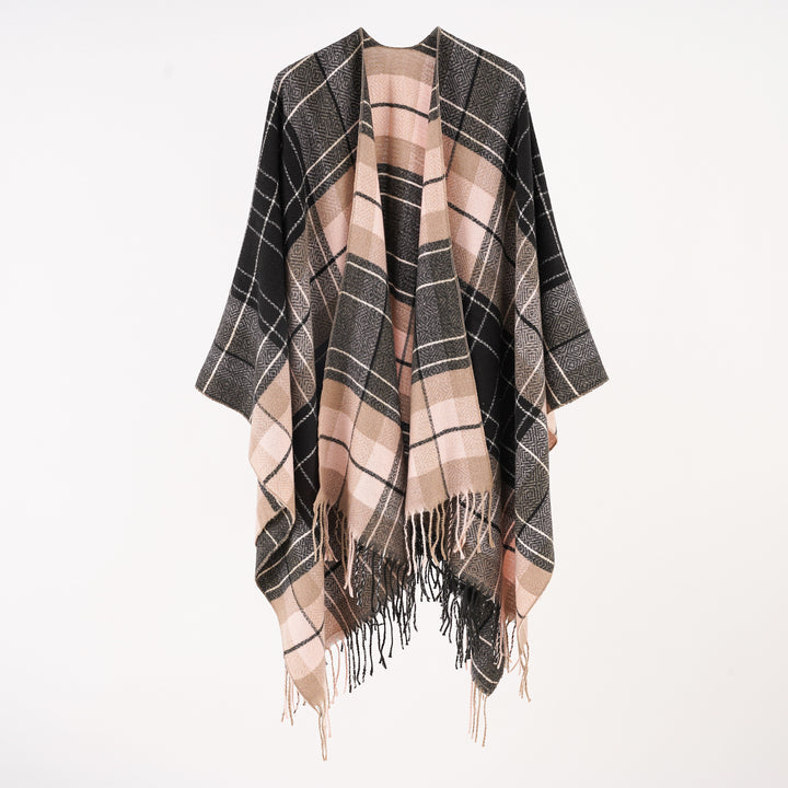 Damen Oversize-Wickelruana im Blockkaro mit Fransen-Detail Drune