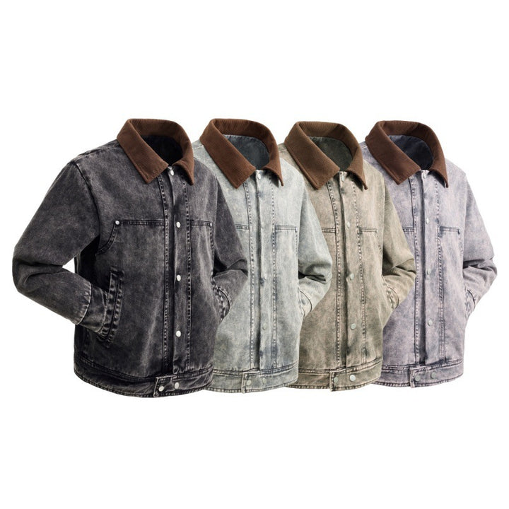 Herren wattierte Jeansjacke mit Cordkragen, Druckknopfleiste und praktischen Seitentaschen Drune