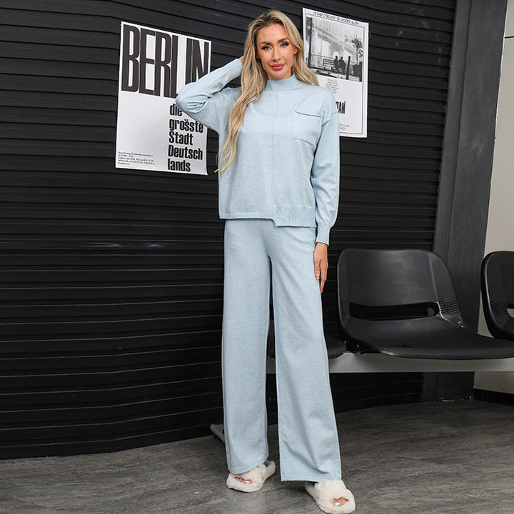 Damen gemütliches Strick-Loungewear-Set mit hohem Kragen und weitem Schnitt Drune