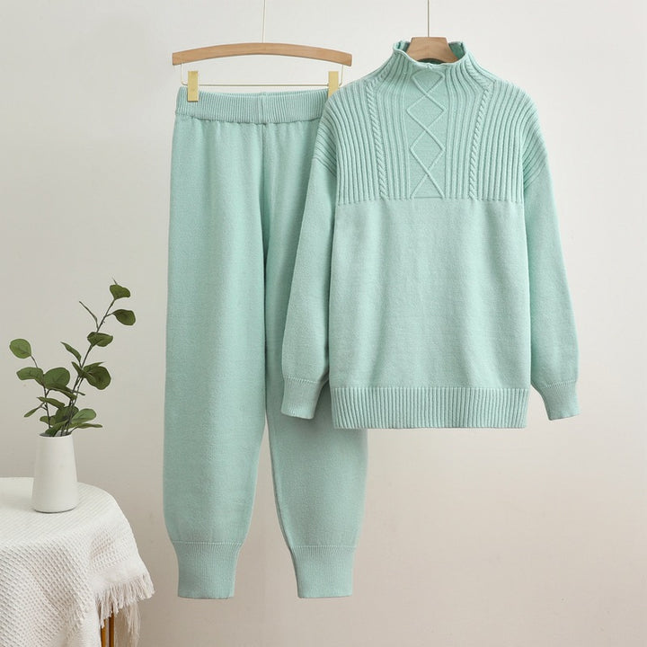 Damen gemütliches Strick-Loungewear-Set mit hohem Kragen und Rippstruktur Drune