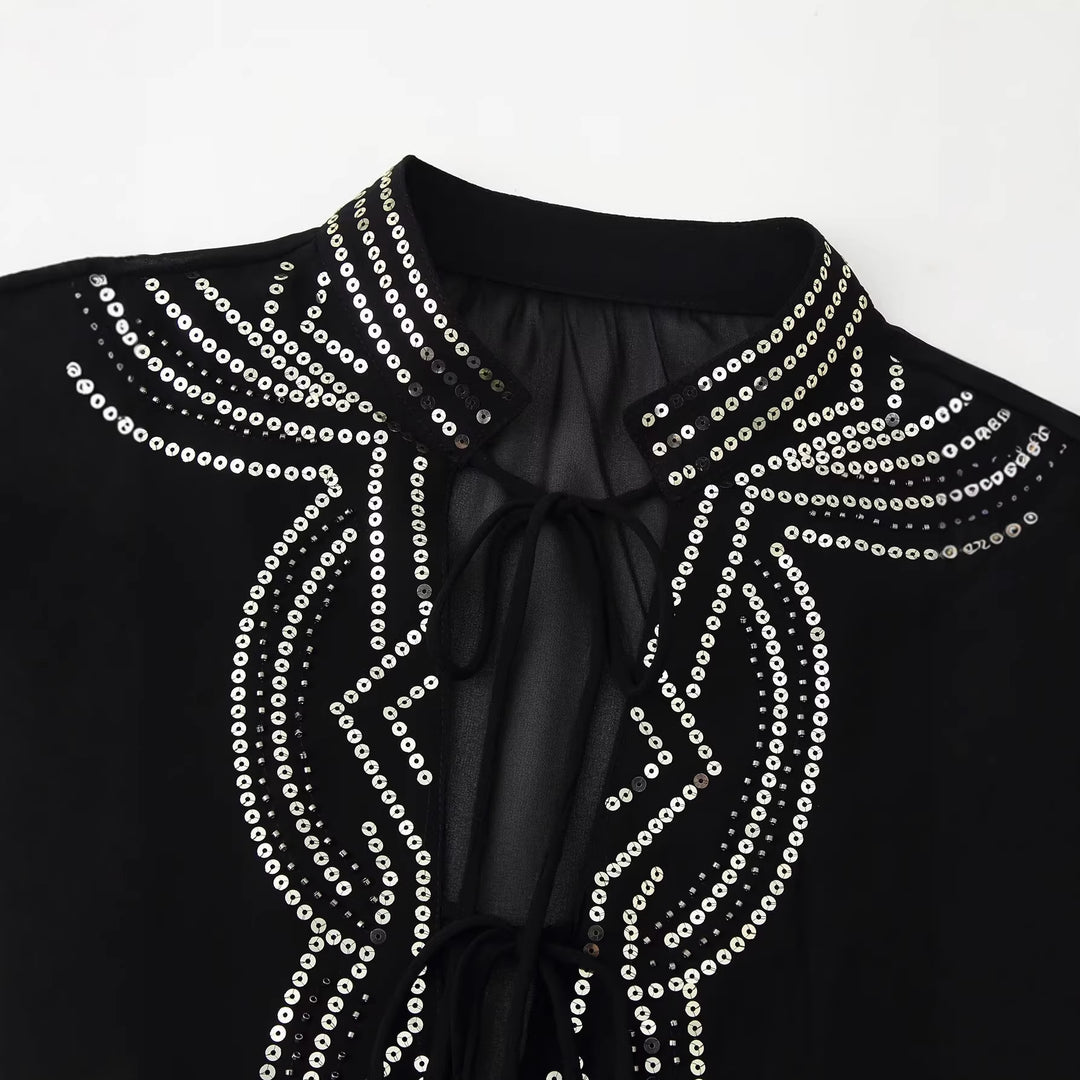 Damen Chiffonbluse mit Paillettenbesatz, Ballonärmeln und Bindekragen Drune