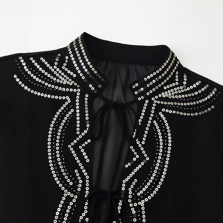 Damen Chiffonbluse mit Paillettenbesatz, Ballonärmeln und Bindekragen Drune