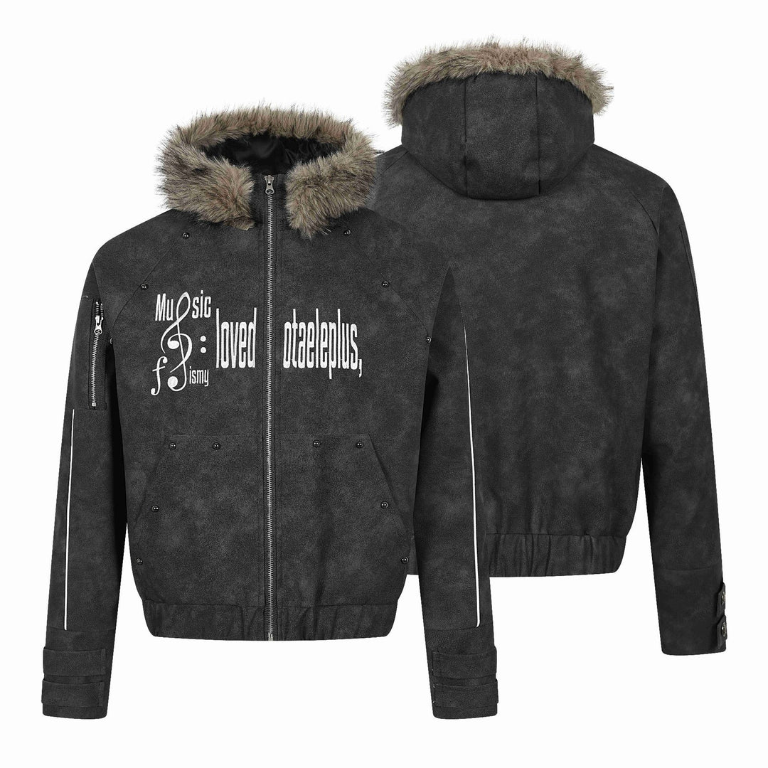 Herren Kurz geschnittener Suede‑Look Bomber mit Kapuze, Kunstfellbesatz und Statement‑Print Drune