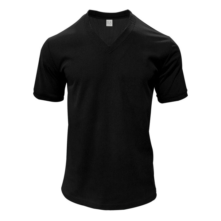 Herren nan strukturiertes V-Ausschnitt-Rippjersey-Shirt mit kurzem Arm und körpernaher Passform Drune