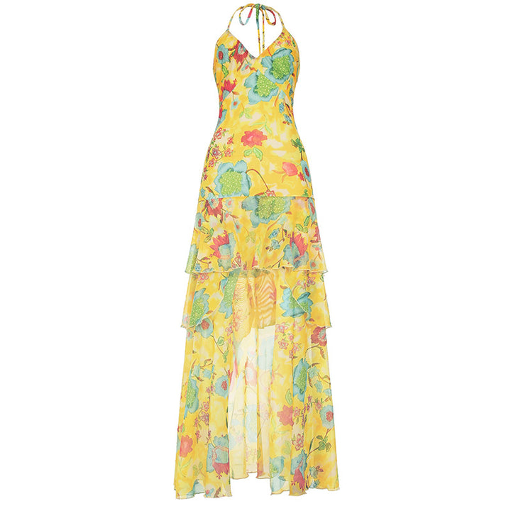 Damen Maxi-Kleid mit floralen Rüschen und tiefem V-Ausschnitt Drune