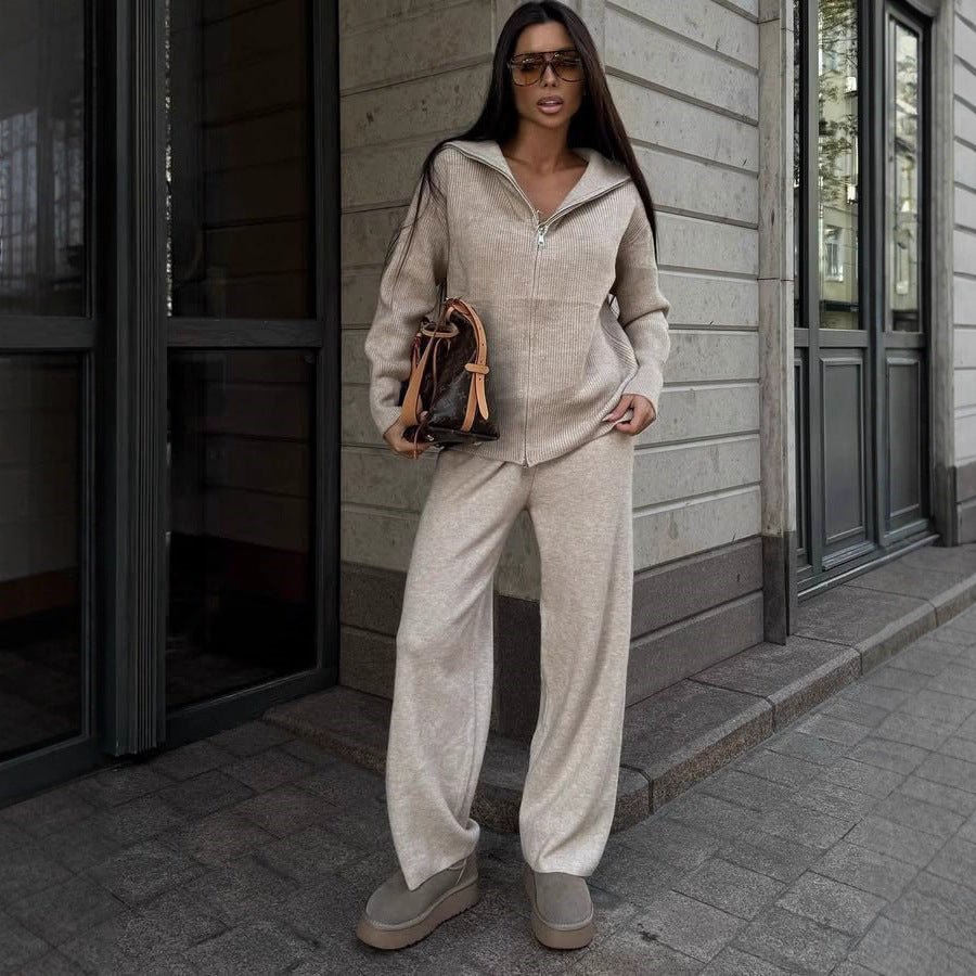 Damen Feinstrick-Loungewear-Set mit Zwei-Wege-Reißverschluss und weitem Umlegekragen Drune