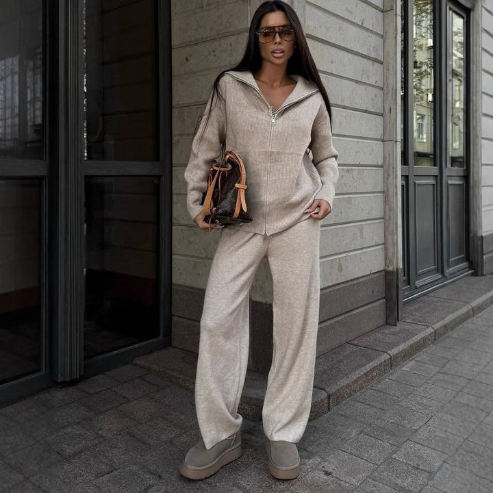 Damen Feinstrick-Loungewear-Set mit Zwei-Wege-Reißverschluss und weitem Umlegekragen Drune