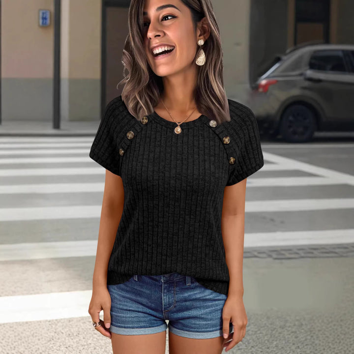 Damen lässiges Rippenstrick-T-Shirt mit Knöpfen Drune