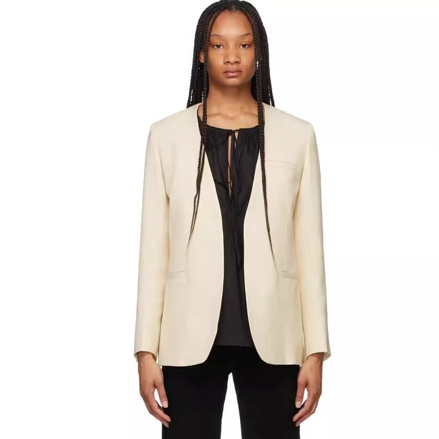 Damen Kragenloser Longblazer mit offenem Fall und Cape-Effekt Drune