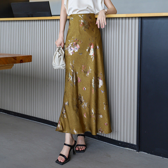 Damen nan floraler Bias-Cut Midirock mit seitlichem Schlitz und taillennahem Komfortbund Drune