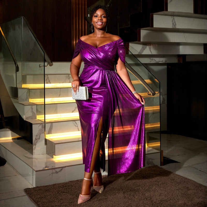 Damen glamouröses Abendkleid mit glänzendem Oberteil und eleganter Drapierung Drune