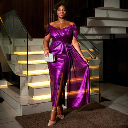 Damen glamouröses Abendkleid mit glänzendem Oberteil und eleganter Drapierung Drune