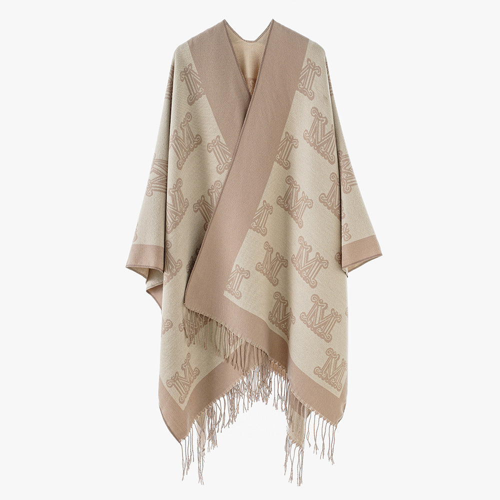 Damen Jacquard-Cape mit Monogramm‑Muster, offenem V‑Ausschnitt und Fransensaum Drune