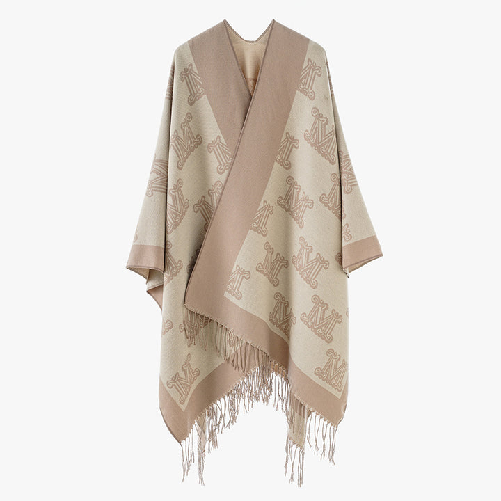 Damen Jacquard-Cape mit Monogramm‑Muster, offenem V‑Ausschnitt und Fransensaum Drune