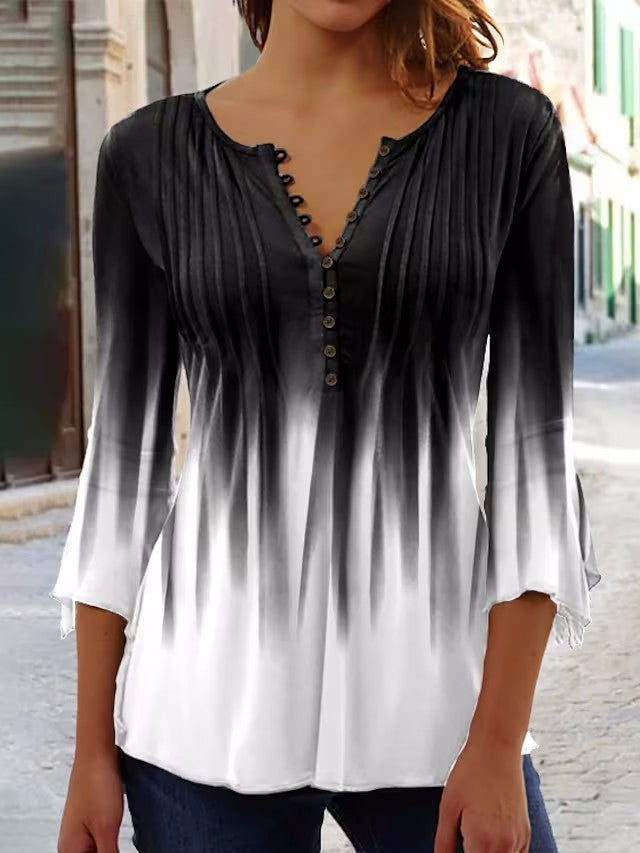Damen nan luftige Tunika-Bluse mit feiner Biesenpasse, halber Knopfleiste und dreiviertel-Glockenärmeln Drune