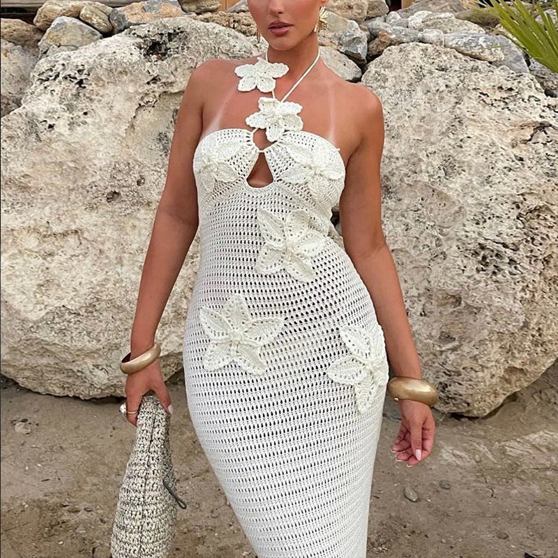 Damen Häkel-Maxikleid mit floralem Ausschnitt Drune