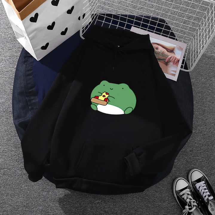Damen nan gemütlicher Kapuzenpullover mit kawaii Frosch‑Pizza‑Motiv und oversized Relax‑Fit Drune