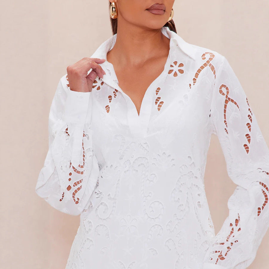 Damen Elegantes Hemdblusenkleid mit raffinierter Lochstickerei und langem Ärmel Drune