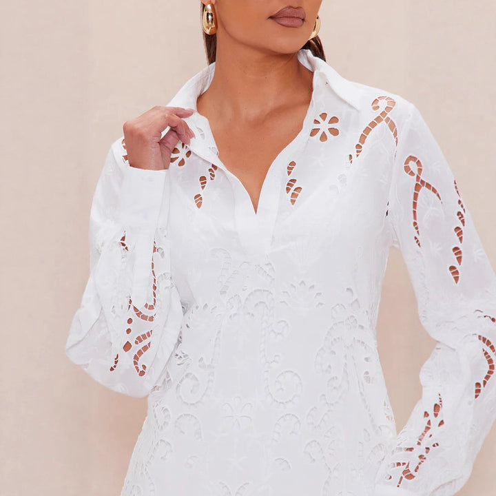 Damen Elegantes Hemdblusenkleid mit raffinierter Lochstickerei und langem Ärmel Drune