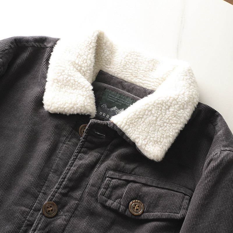 Herren nan gefütterte Cordjacke mit Teddykragen, Knopfleiste und aufgesetzten Taschen Drune
