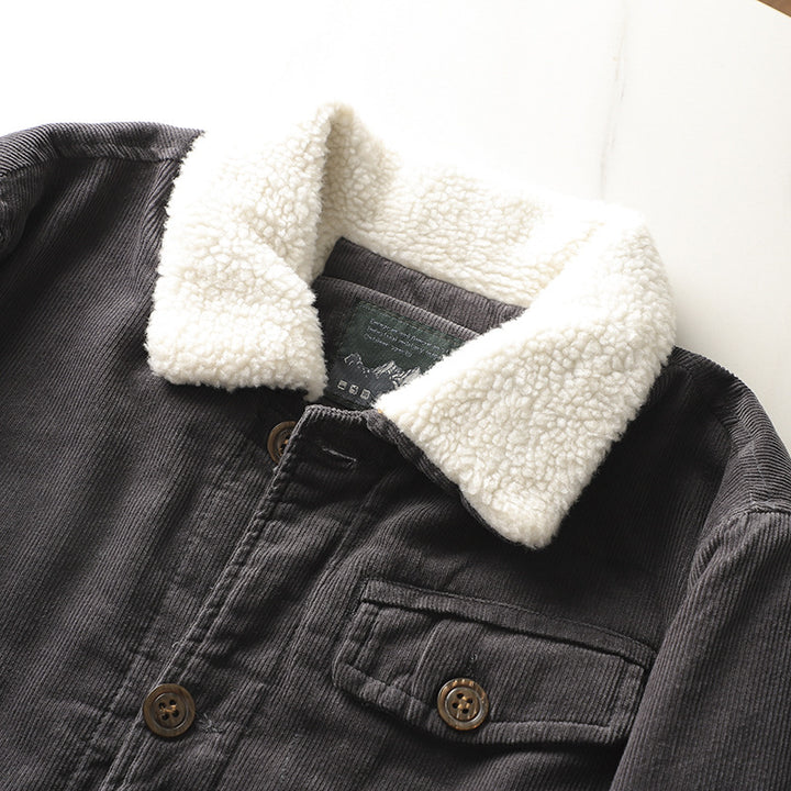 Herren nan gefütterte Cordjacke mit Teddykragen, Knopfleiste und aufgesetzten Taschen Drune