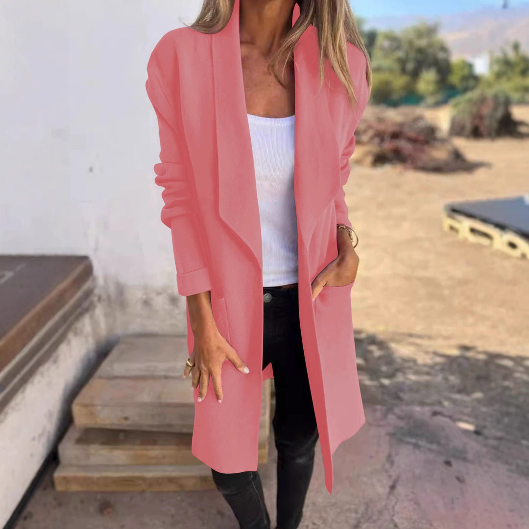 Damen Longline Blazer mit Schalkragen, offenem Schnitt und aufgesetzten Taschen Drune