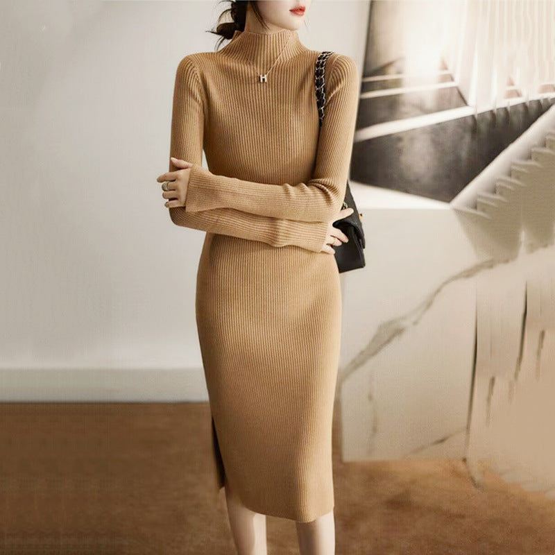 Damen Strickkleid mit hohem Kragen und seitlichen Schlitzen Drune