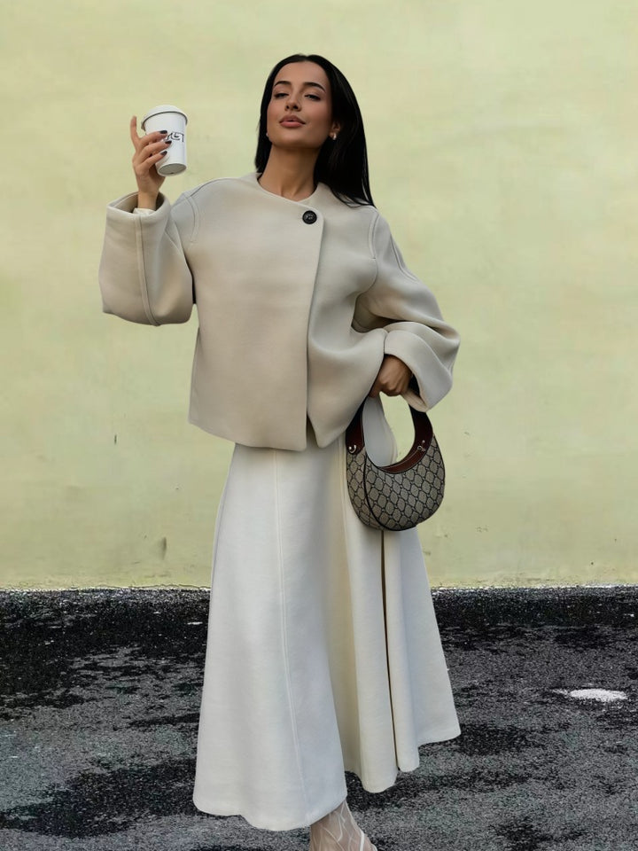 Damen Wickeljacke mit weiten Ärmeln und dekorativem Knopf Drune