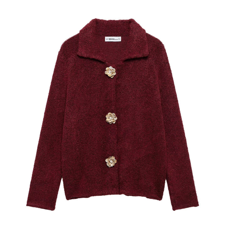 Damen nan kurz geschnittene Bouclé-Jacke mit dekorativen Blumenknöpfen und rundem Umlegekragen Drune