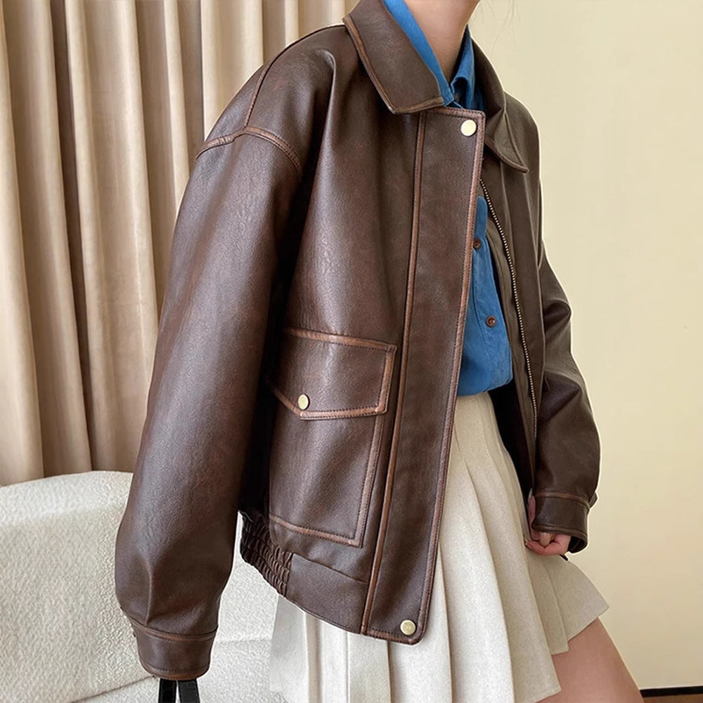 Damen Oversize-Lederimitatjacke mit Hemdkragen und Reißverschluss Drune