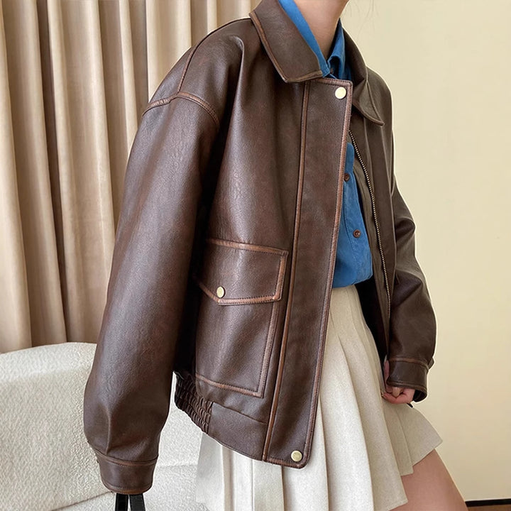 Damen Oversize-Lederimitatjacke mit Hemdkragen und Reißverschluss Drune
